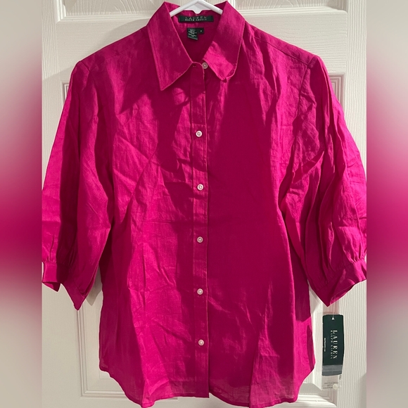 Lauren Ralph Lauren Tops - NWT Lauren Ralph Lauren Womens Vintage Y2K 100% Linen Hot Pink Button Up Shirt M